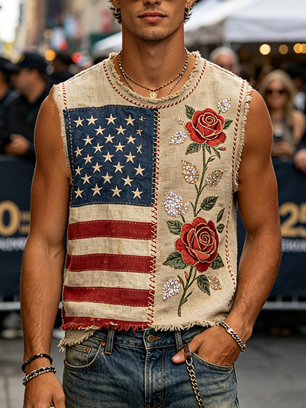 Men's American Flag And Rose Sequin Patchwork Art Print Tank Top