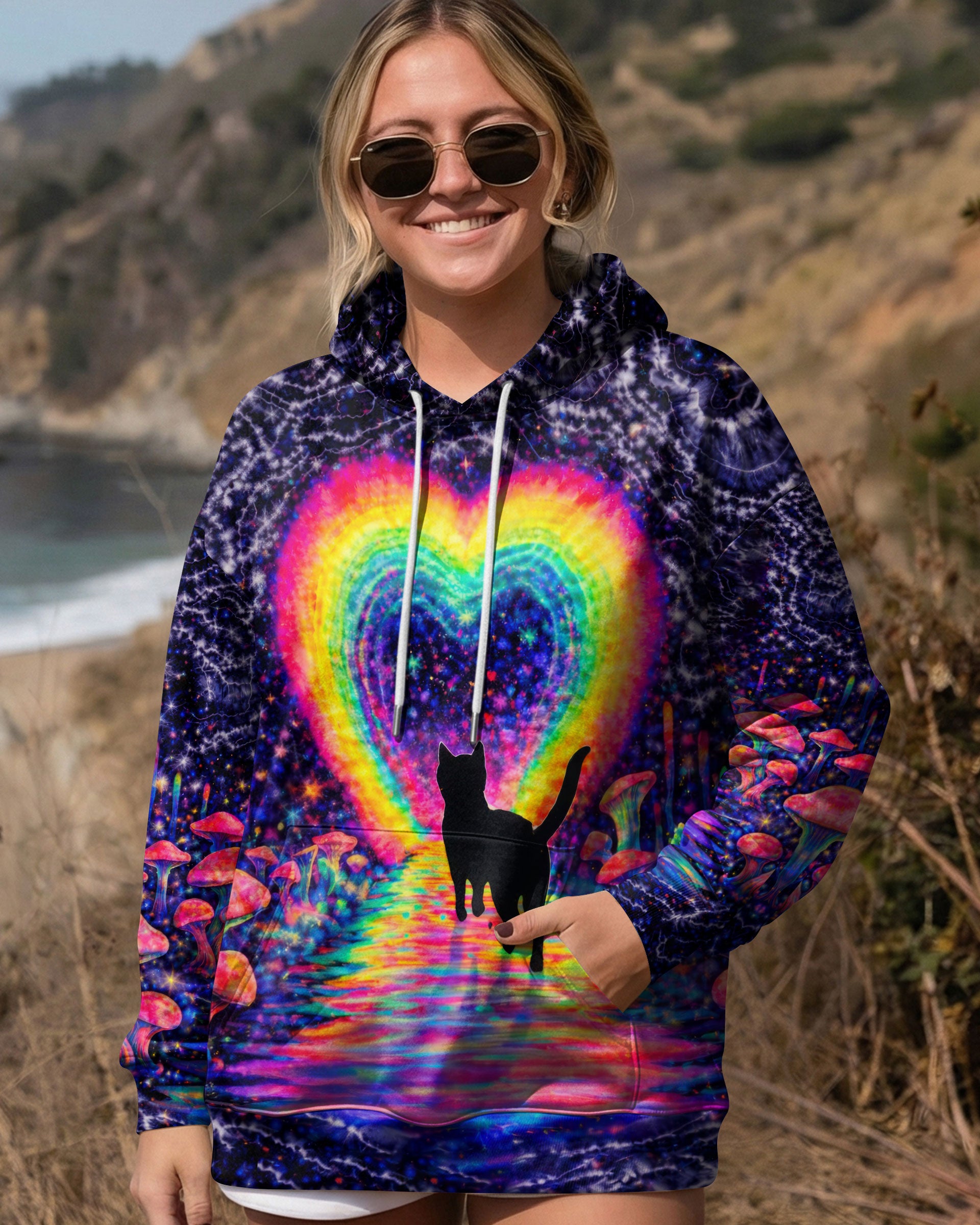 RAINBOW HEART BLACK CAT SWIRL ALL OVER PRINT - TLTW2801261