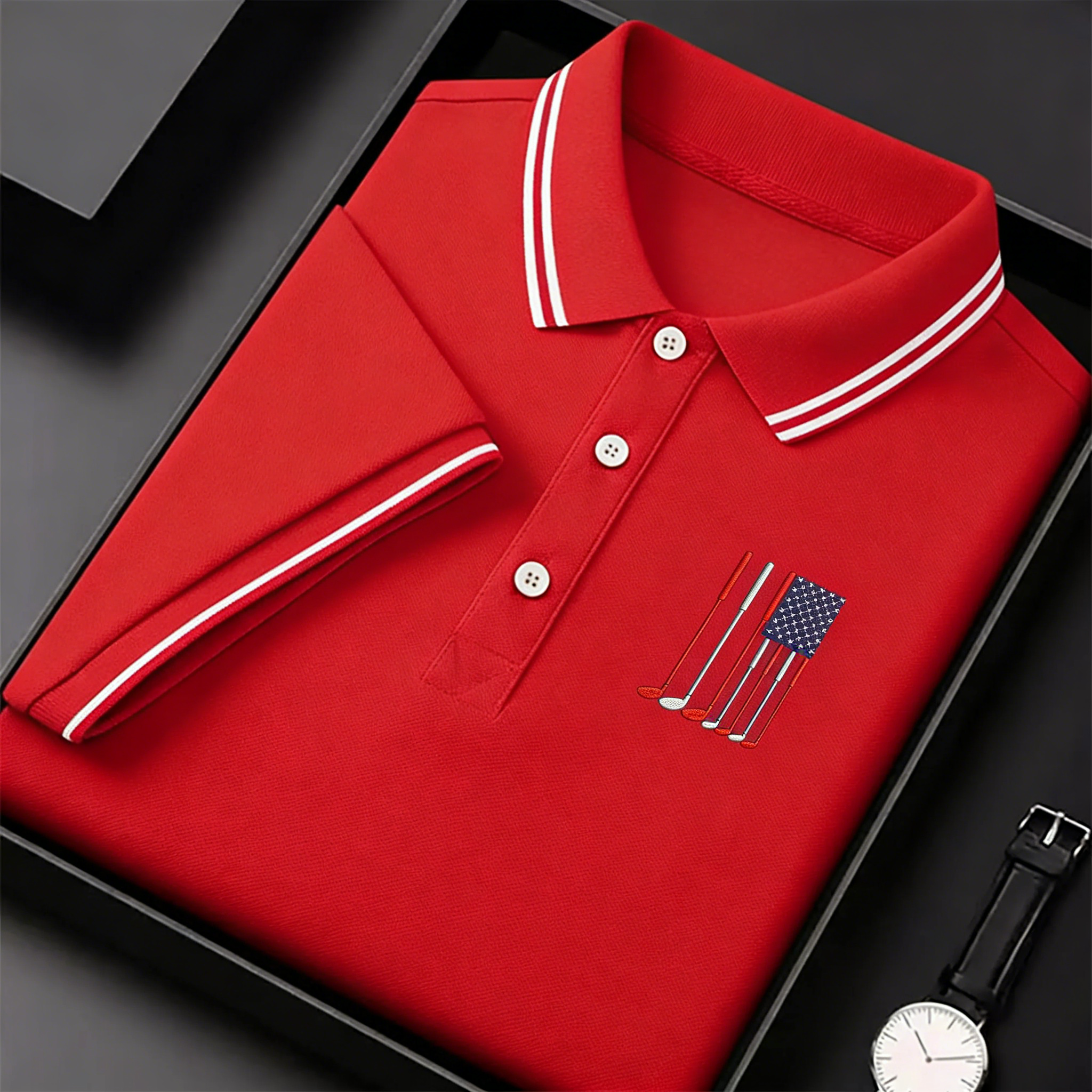 Men's USA Flag Golf Club Embroidered Polo Shirt - Patriotic Performance Golf Apparel