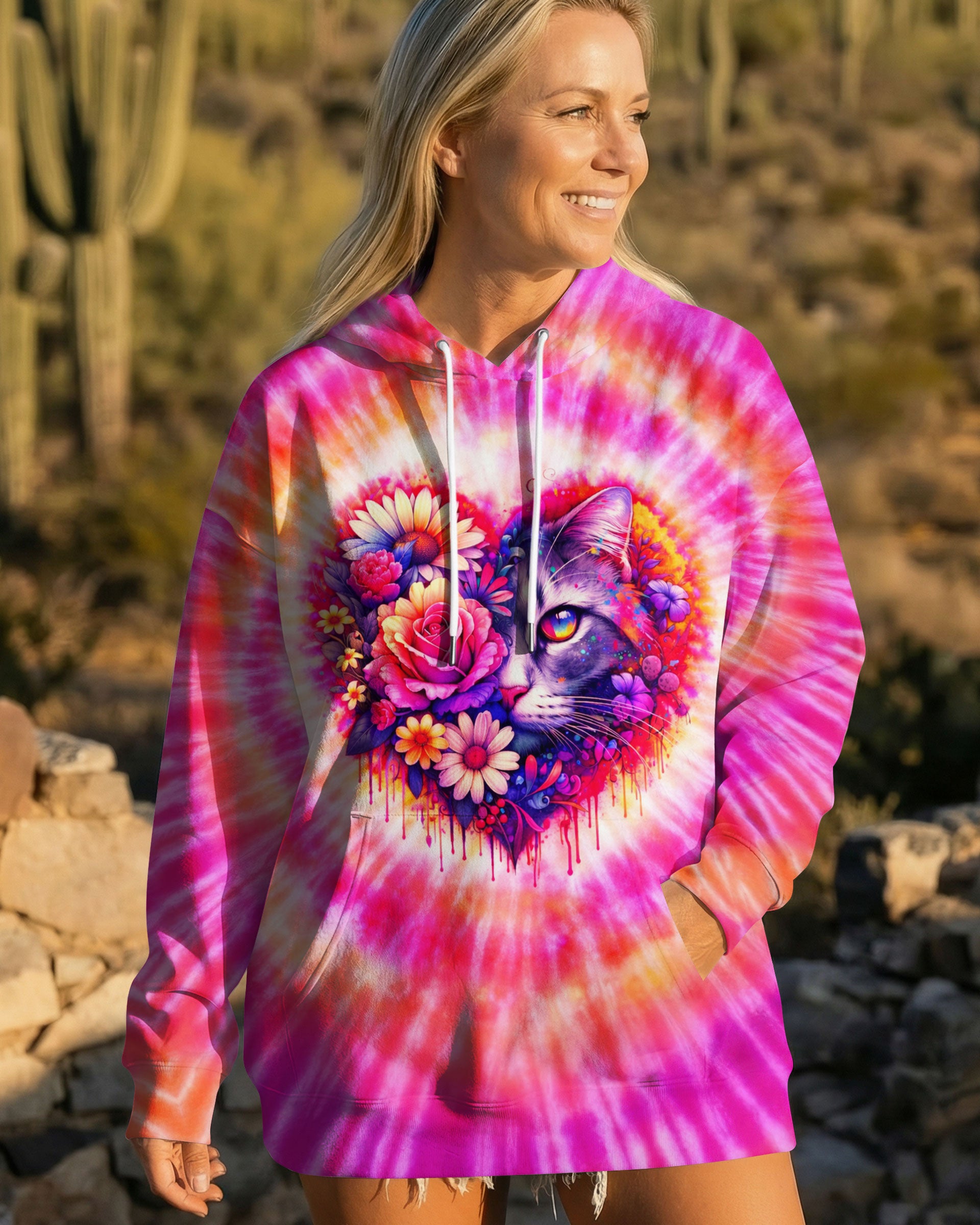 CAT AND FLOWERS HEART SWIRL ALL OVER PRINT   - TLTW1203262