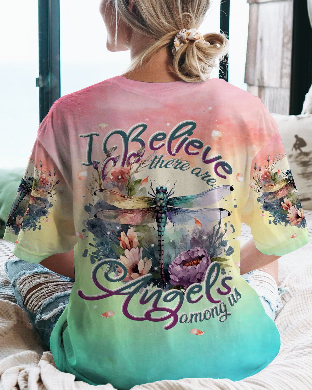 I BELIEVE THERE ARE ANGELS AMONG US DRAGONFLY WATERCOLOR ALL OVER PRINT - TLNT0308232