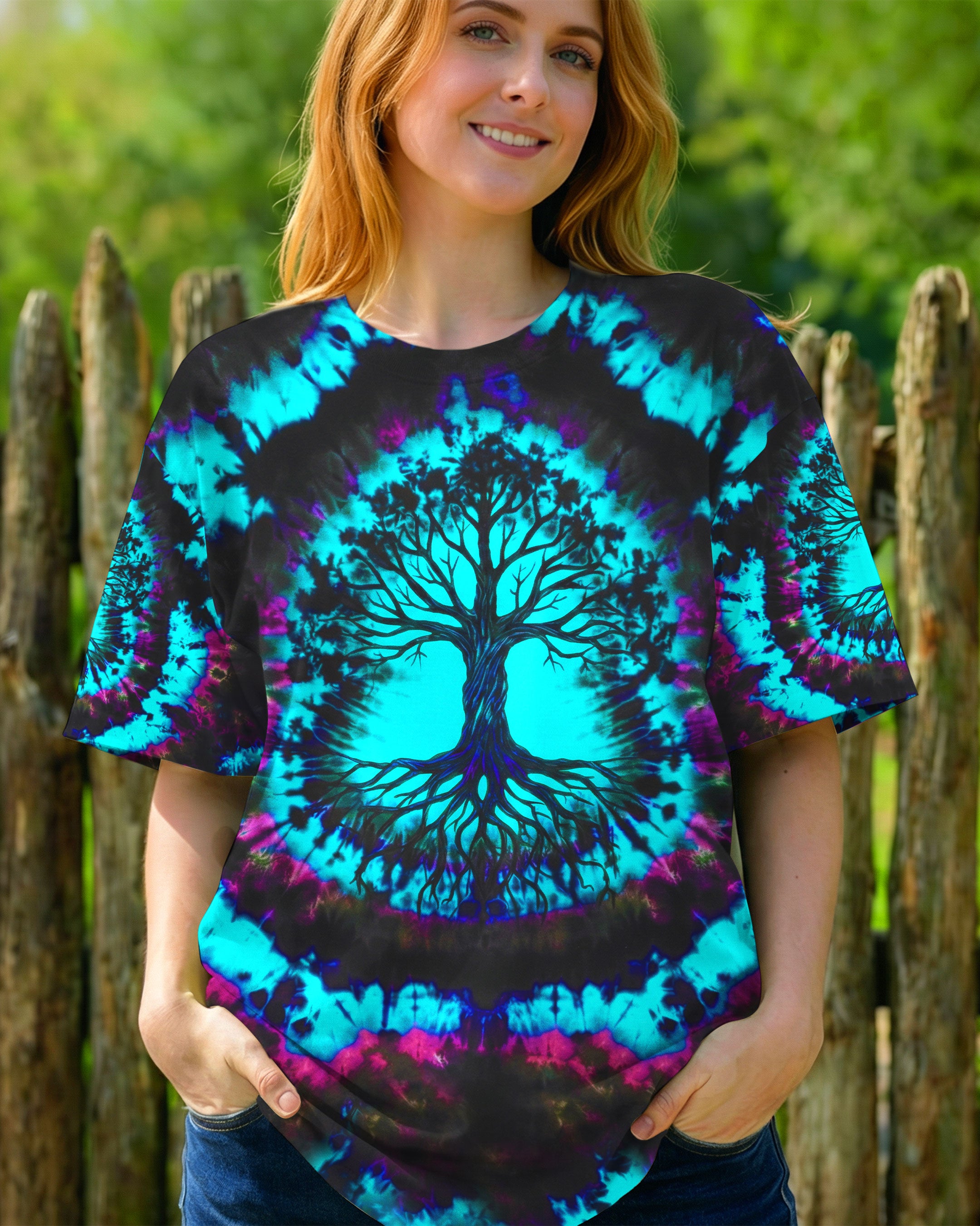 NEON TEAL SWIRL TREE OF LIFE ALL OVER PRINT - YHHN0202262