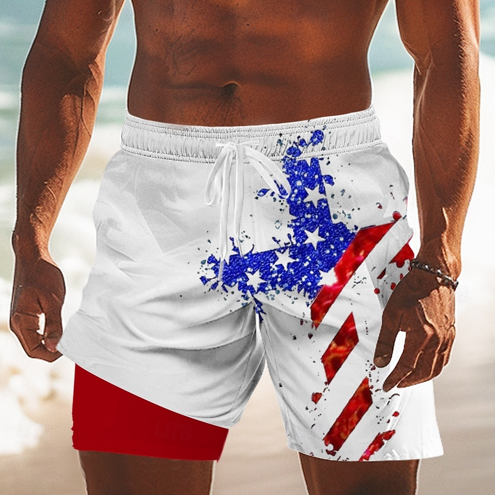 Independence Day Men's 4th of July U.S. 250th Anniversary Cross US Flag Lined Shorts 2 in 1 Board Shorts Swim Trunks Mid Waist Holiday Side Pockets With Compression Liner Elastic Drawstring Wais