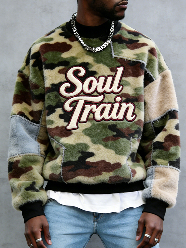Men's Soul Train Camouflage Patchwork Pattern Print Flannel Sweatshirt