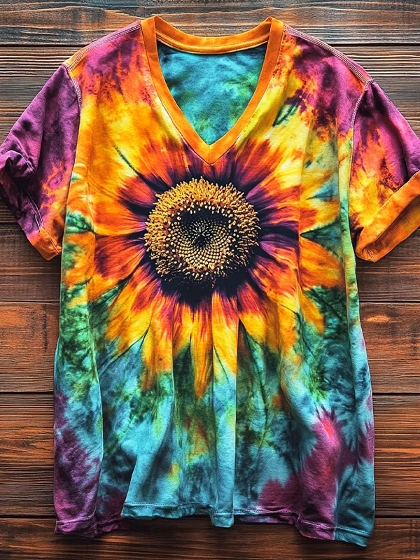 Women's Peace Sunflower Tie-Dye Print Casual V Neck T-Shirt