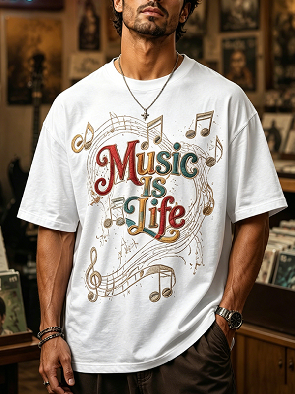 Men's Note Music Is Life Print Cotton Casual T-Shirt