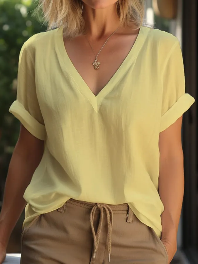 Women's Simple Versatile Cotton Casual V-Neck T-Shirt