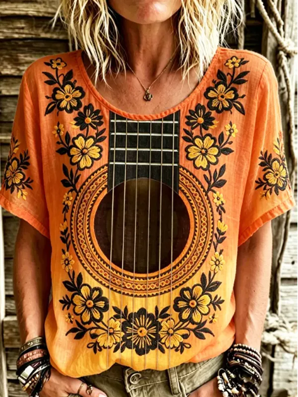 Women's Retro Guitar Floral Print Casual T-Shirt
