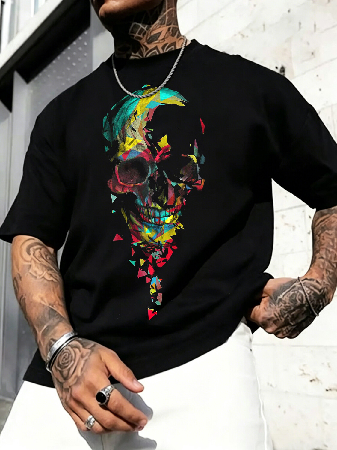 Men's Colorful Geometric Skull Print Cotton Casual T-Shirt