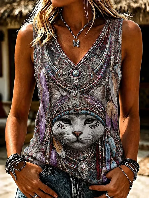 Women's Cat with Feather Headdress Spiritual Animal Print Casual V Neck Tank Top