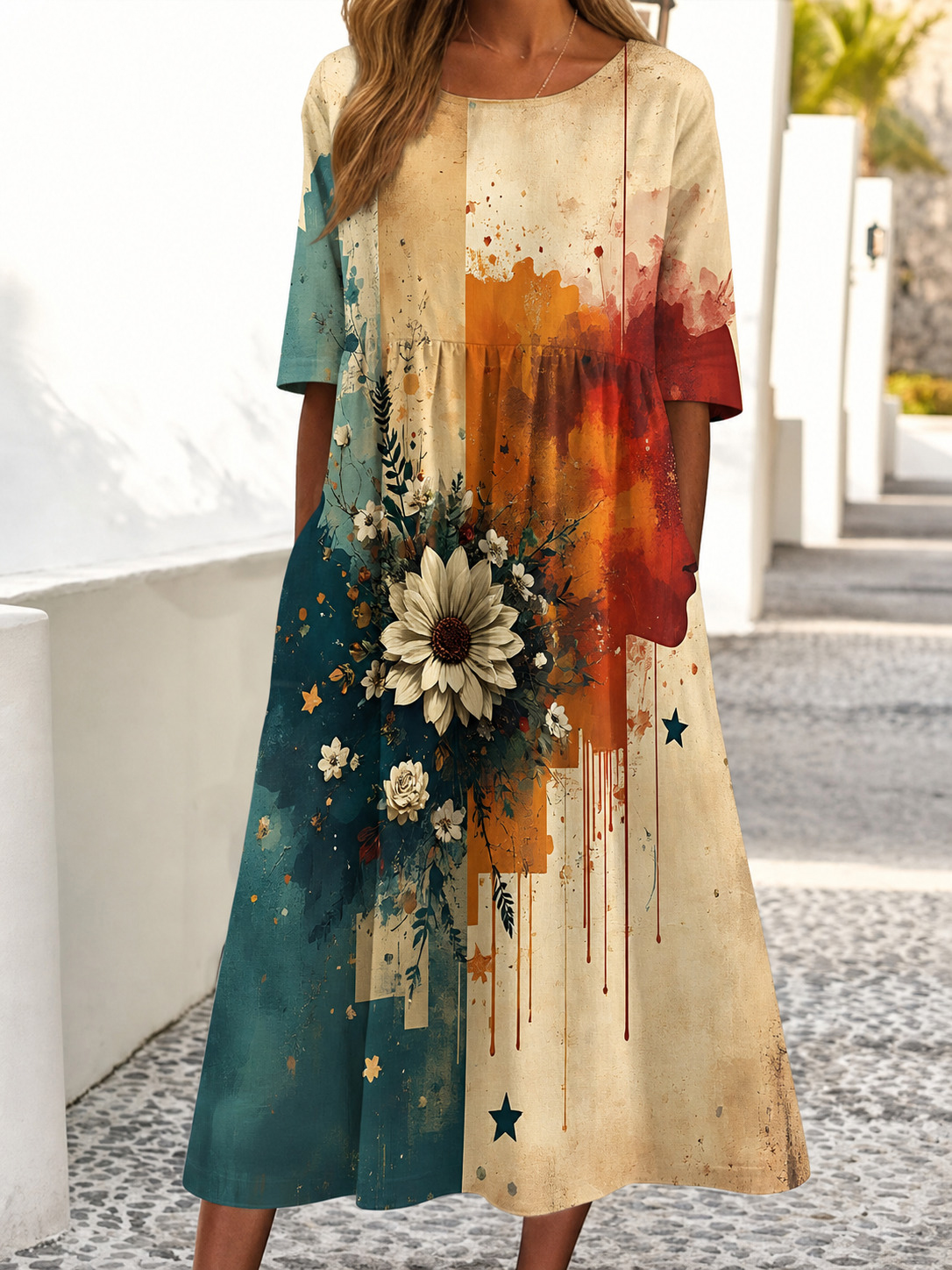 Women's Abstract Ink Washed Floral Art Print Short Sleeve Dress