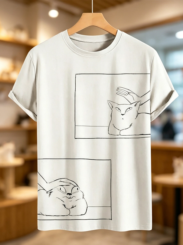Men's Line Art Cat Petting Fun Print T-Shirt