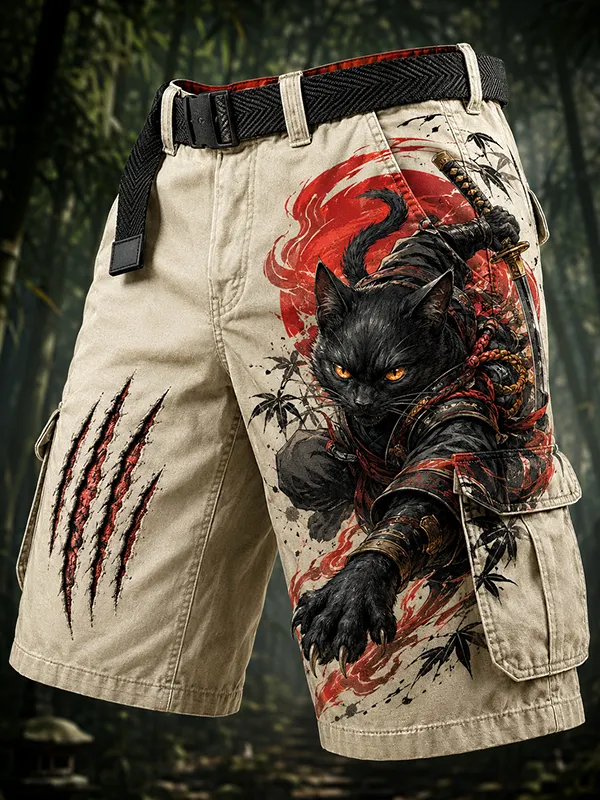 Men's Black Cat Samurai Japanese Art Print Casual Shorts