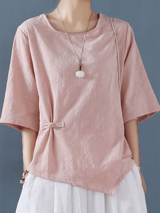 Women's Cotton Vintage Jacquard Frog Button Half Sleeve Casual Round Neck Shirt