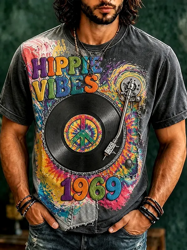 Men's Hippie Vibes 1969 Retro Record Peace Symbol Art Print T-Shirt