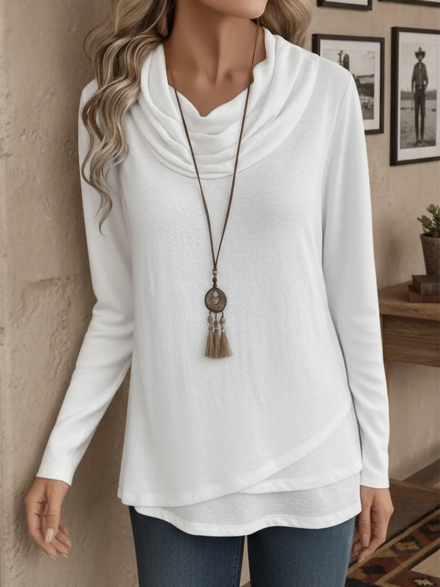 Women's Soft Solid Color Pile Neck Cotton Top