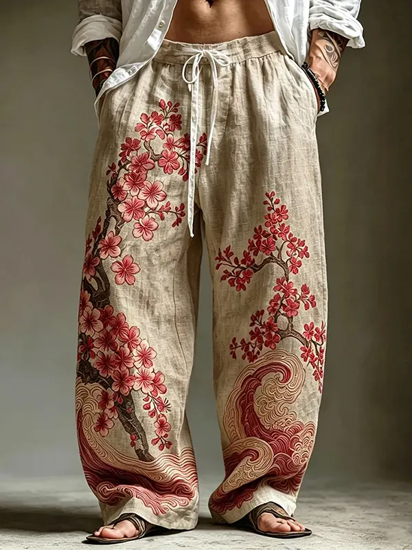Men's Cherry Blossoms And Ocean Waves Japanese Art Print Loose Drawstring Waist Pants