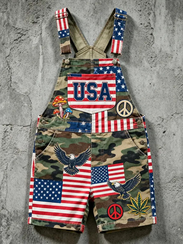 Men's USA Vintage American Flag Stripes And Camo Hippie Art Print Shorts Overalls