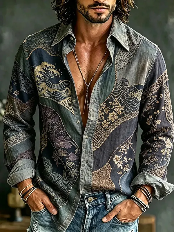 Men's Retro Japanese Wave And Floral Patchwork Art Print Long Sleeve Shirt
