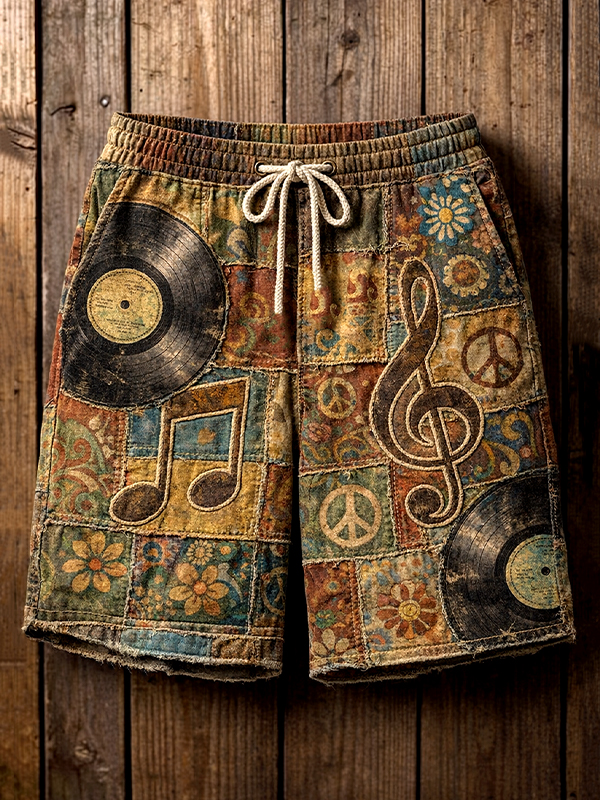 Men's Retro Music Notes And Records Peace Hippie Flowers Art Print Casual Shorts