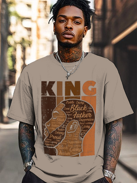 Men's Black King Illustration Print Cotton Casual T-Shirt