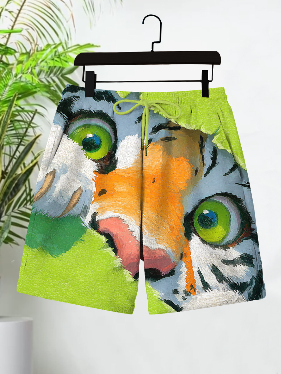 Men's Tiger Art Hawaiian Style Print Casual Shorts