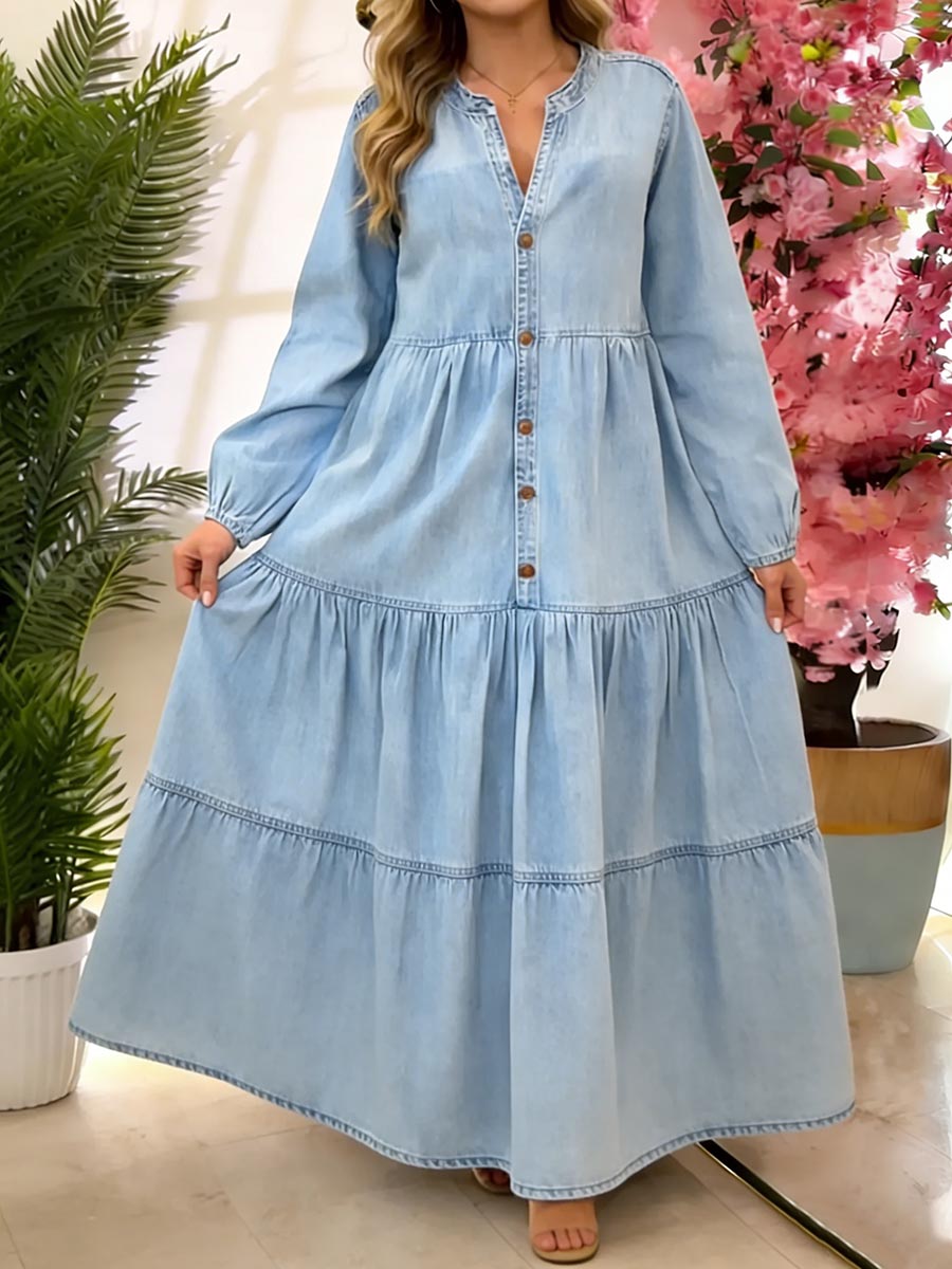 Women's V-neck Long-sleeved Casual Loose Denim A-line Dress