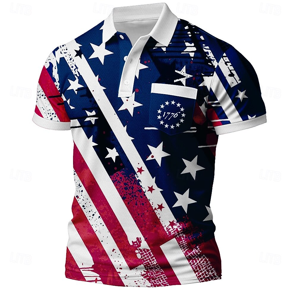 4th of July 2026 250th Men's American US Flag Polo Short Sleeve Polo Shirts Collared Shirts Casual Outdoor Athleisure Daily Wear 3D Print Buttons Summer Blue