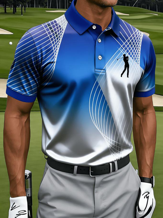 Men's Gradient Line Art Print Golf Polo Shirt