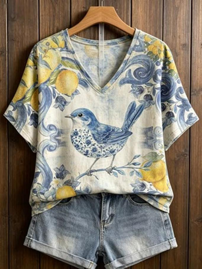 Women's Bird Lemon Floral Vintage Print Casual V Neck T-Shirt