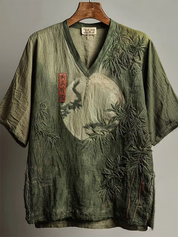 Men's Vintage Bamboo Moon Gradient Art Print V Neck T-Shirt