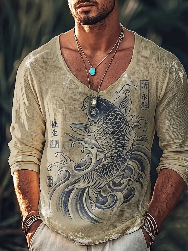 Men's Retro Japanese Art Carp Print Long Sleeve V Neck T-Shirt