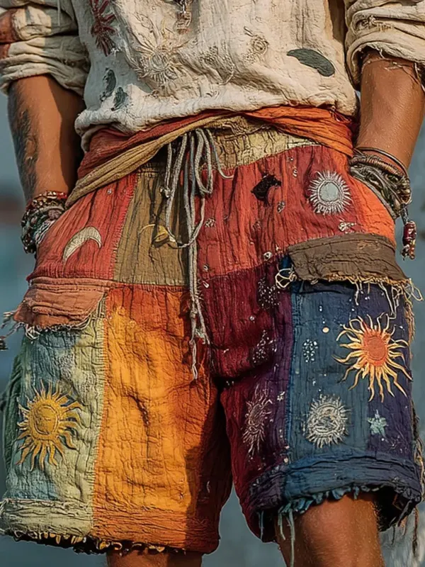 Men'S Retro Sun And Moon Patchwork Hippie Geometric Art Print Casual Shorts