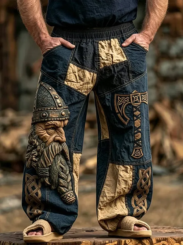 Men's Viking Warrior Face Patchwork Pattern Casual Pants