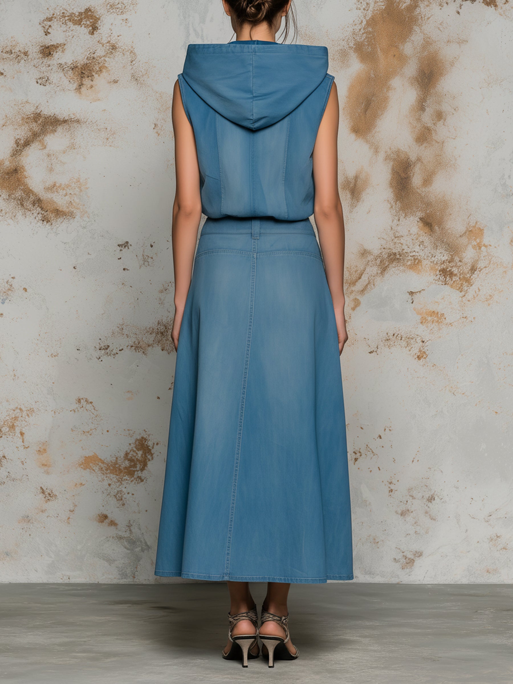 Sleeveless Hooded Denim Two-Piece Set