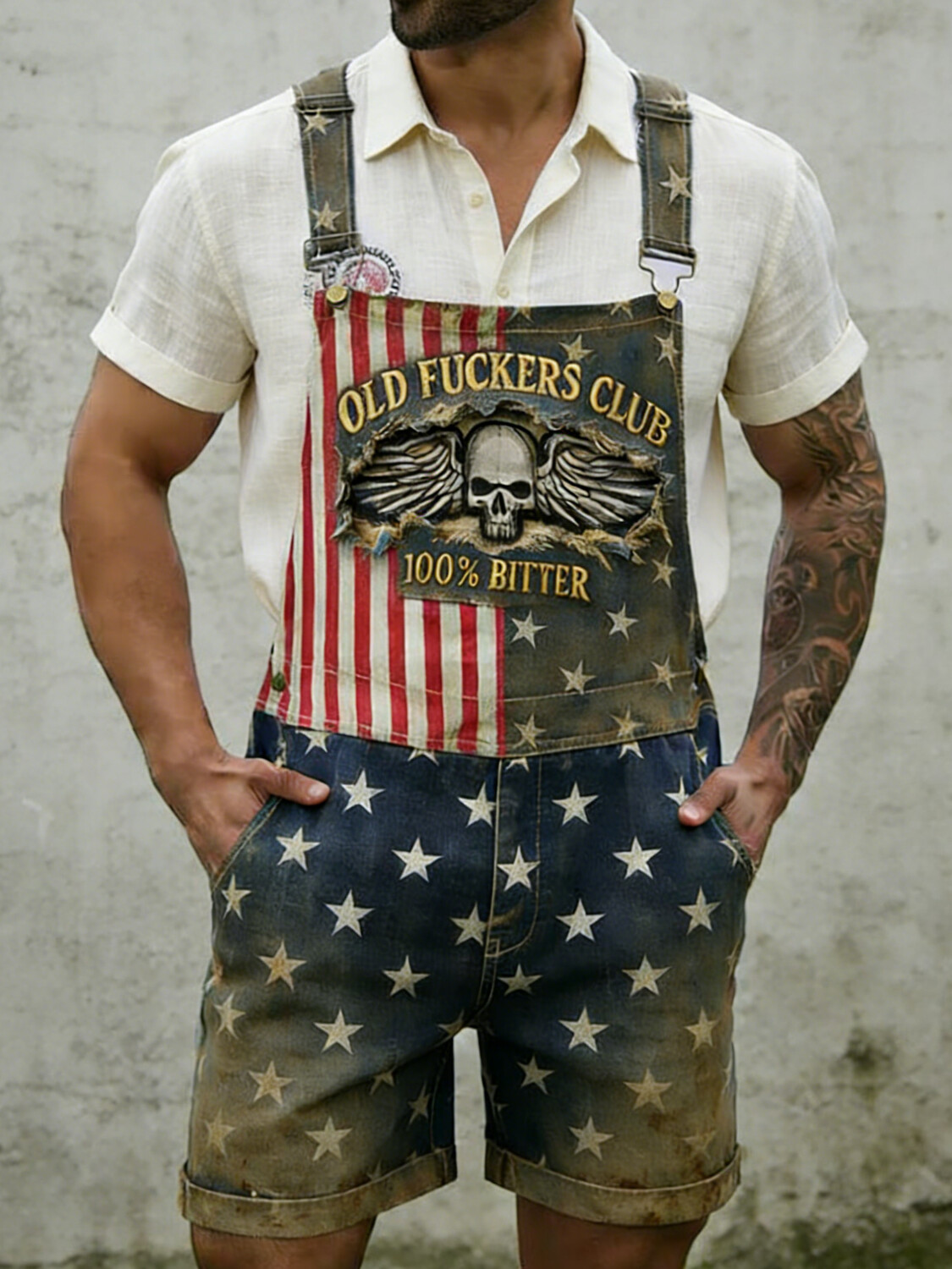 Men's Retro American Flag Skull Art Print Denim-Like Shorts Overalls