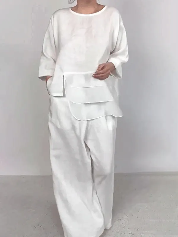 Women's Casual Button Decorated Cotton And Linen Two-Piece Set