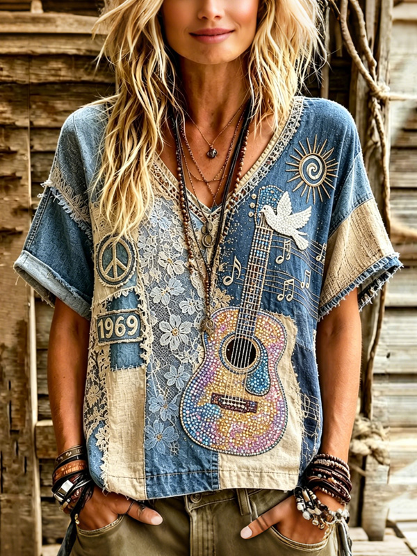 Women's Retro Hippie Art Dove Guitar Boho Floral Pattern Casual V Neck T-Shirt