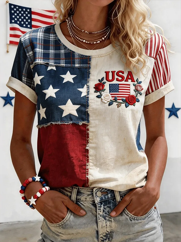 Women's USA Flag Floral Plaid Stars Stripes Patchwork Print Casual T-Shirt