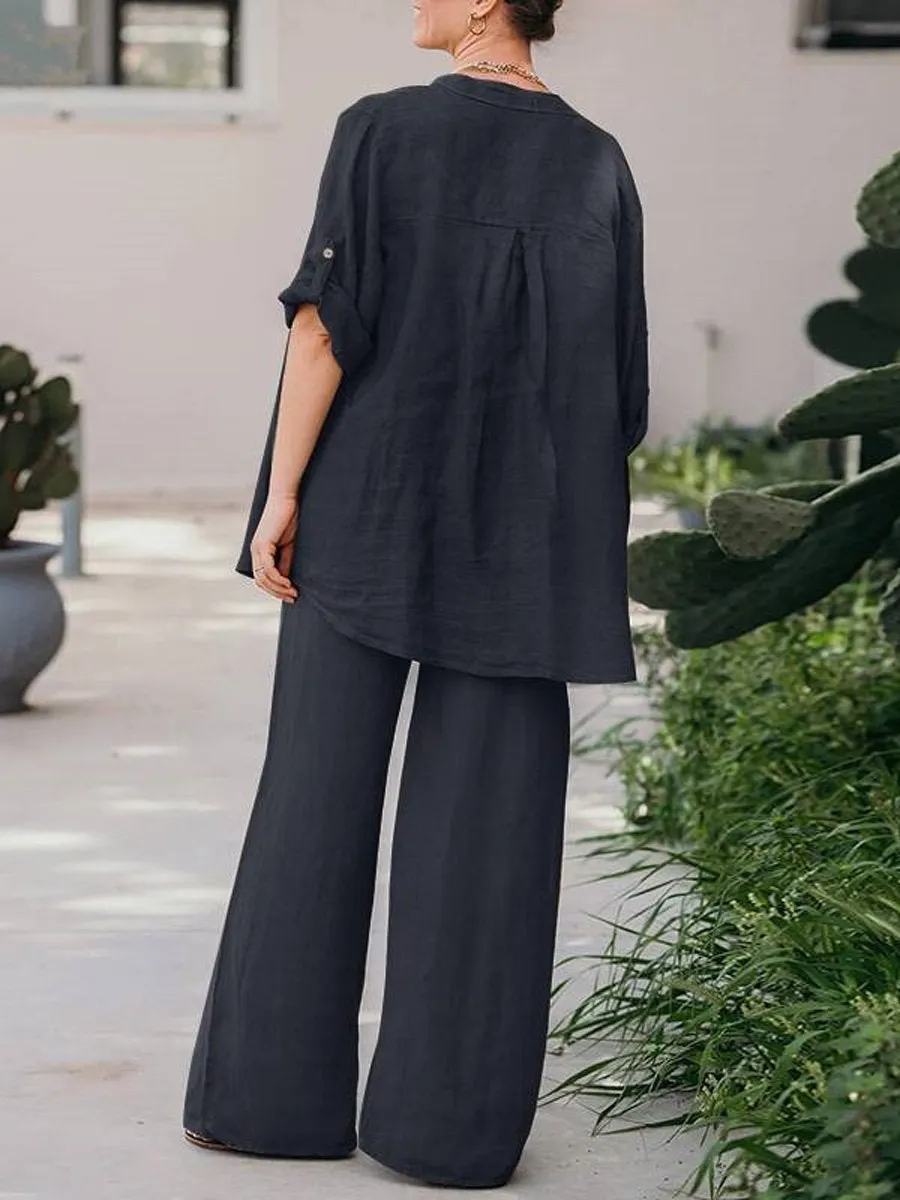Women's Spring Solid Color Long- Sleeve Shirt and Pants Two Piece Set