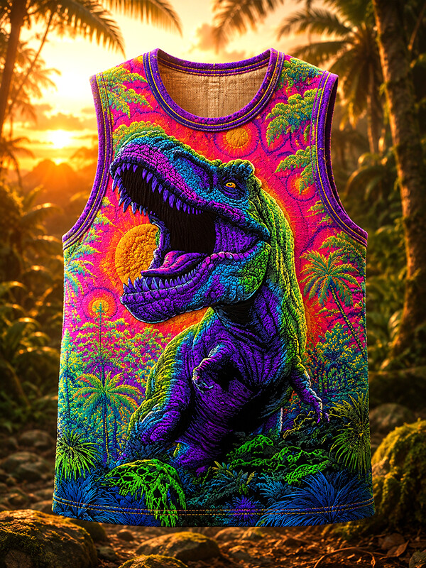 Men's Psychedelic Vibrant Neon Jungle Dinosaur Art Print Tank Top