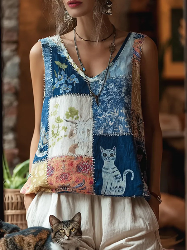 Women's Vintage Cute Cat & Floral Patchwork Print Casual V Neck Tank Top