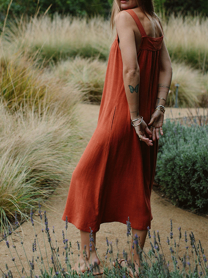 Women'S Casual Cotton Linen Solid Color Dress