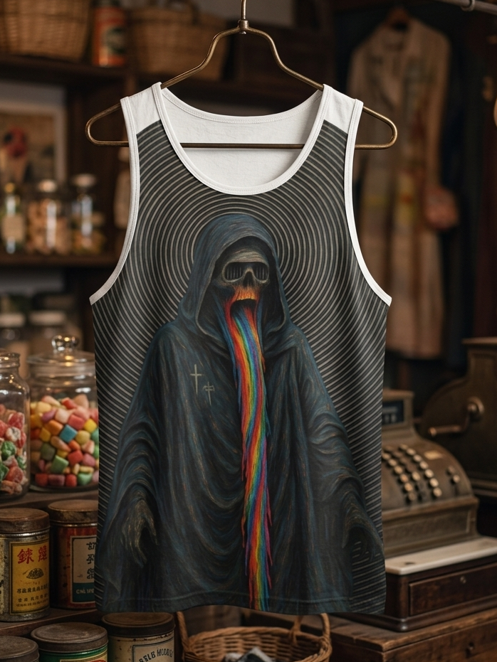 Men's Psychedelic Rainbow Grim Reaper Stripe Art Print Tank Top