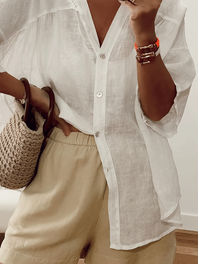 Women's Solid Color Loose Casual V-Neck Shirt