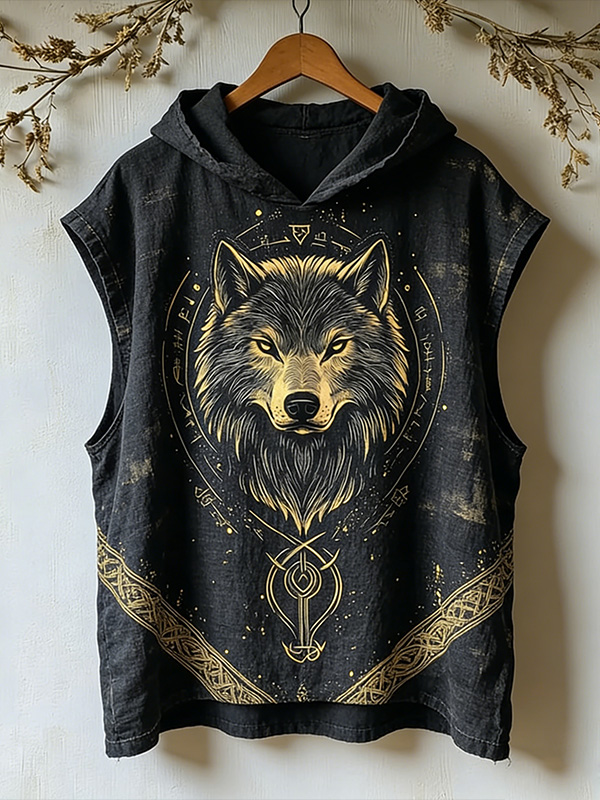 Men's Retro Viking Geometric Wolf Print Hooded Tank Top