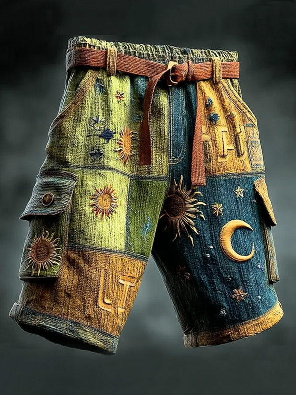 Men's Patchwork Sun Moon Star Boho Art Print Casual Cargo Shorts