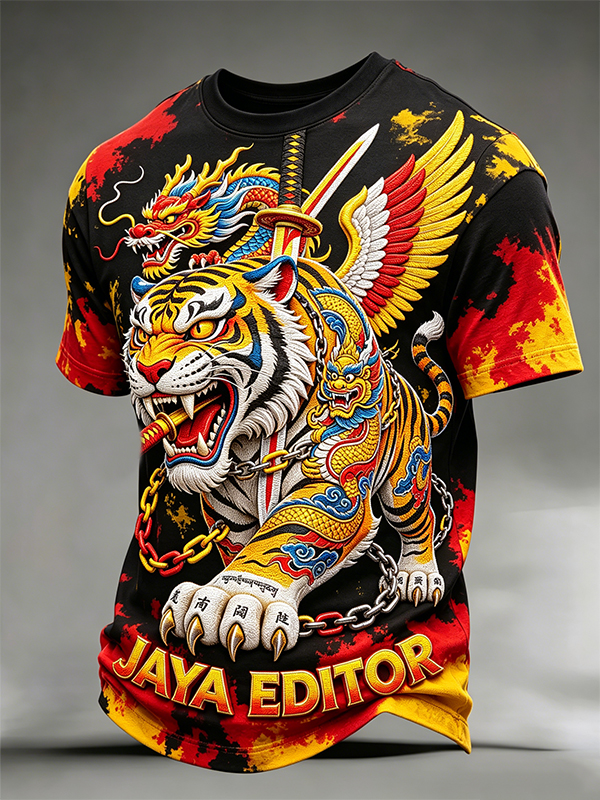 Men's Retro Tiger Dragon Japanese Art Pattern Casual T-Shirt