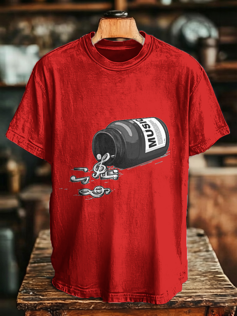 Men's Music Pill Bottle Spilling Musical Notes Funny Print Cotton Casual T-Shirt