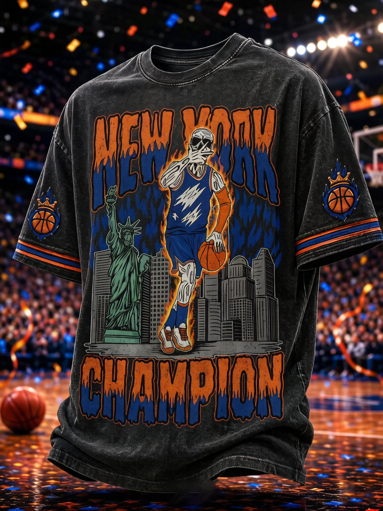 Men's New York Basketball Fans Illustration Print Casual T-Shirt